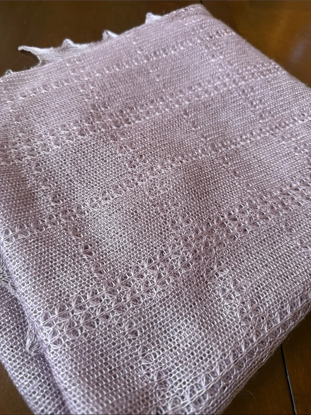 Vintage ca 1970’s Light Lavender mesh Knit Shawl Scarf 48x46” made in Japan